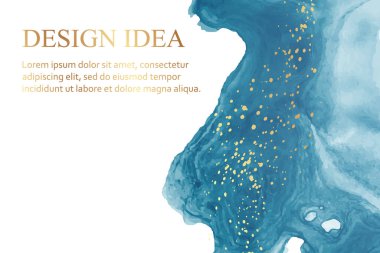 Modern suluboya arkaplan ya da zarif kart tasarımı ya da soyut mavi mürekkep dalgaları ve beyaz üzerinde altın lekeler olan duvar kağıdı ya da poster.