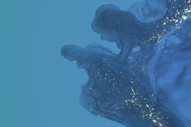 Modern suluboya arkaplan veya zarif kart tasarımı veya soyut mavi mürekkep dalgaları ve altın kaplamalı duvar kağıdı veya poster.