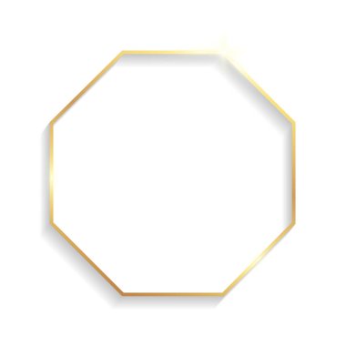 Beyaz arkaplanda izole edilmiş gölgeli ve röfleli altın sekizgen çerçeve.