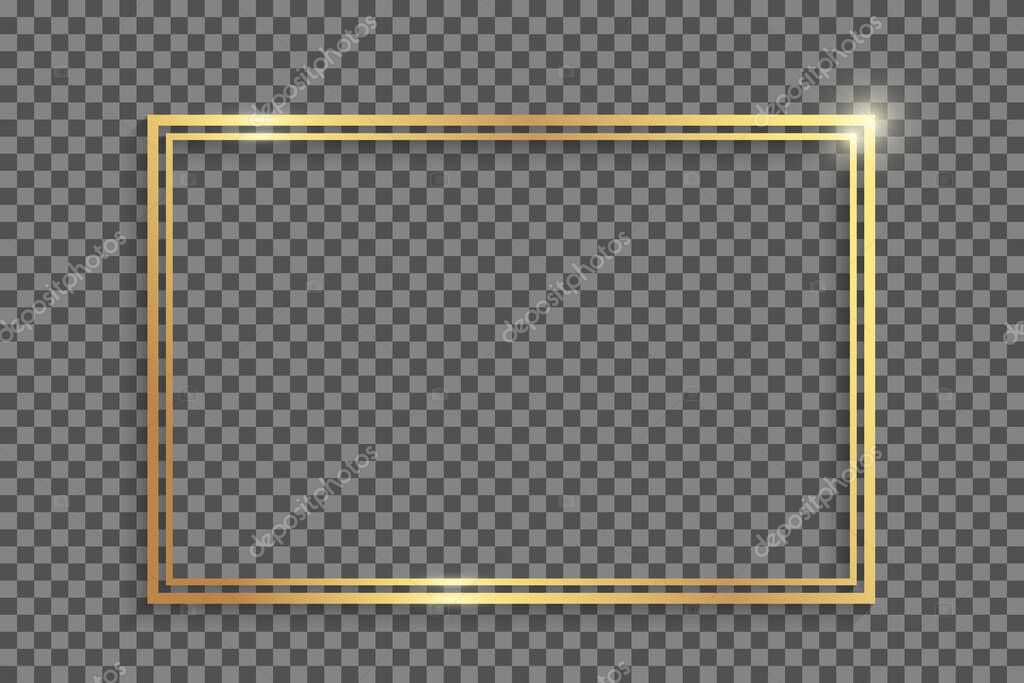 Golden double rectangle frame with shadows and highlights isolated on a transparent background.