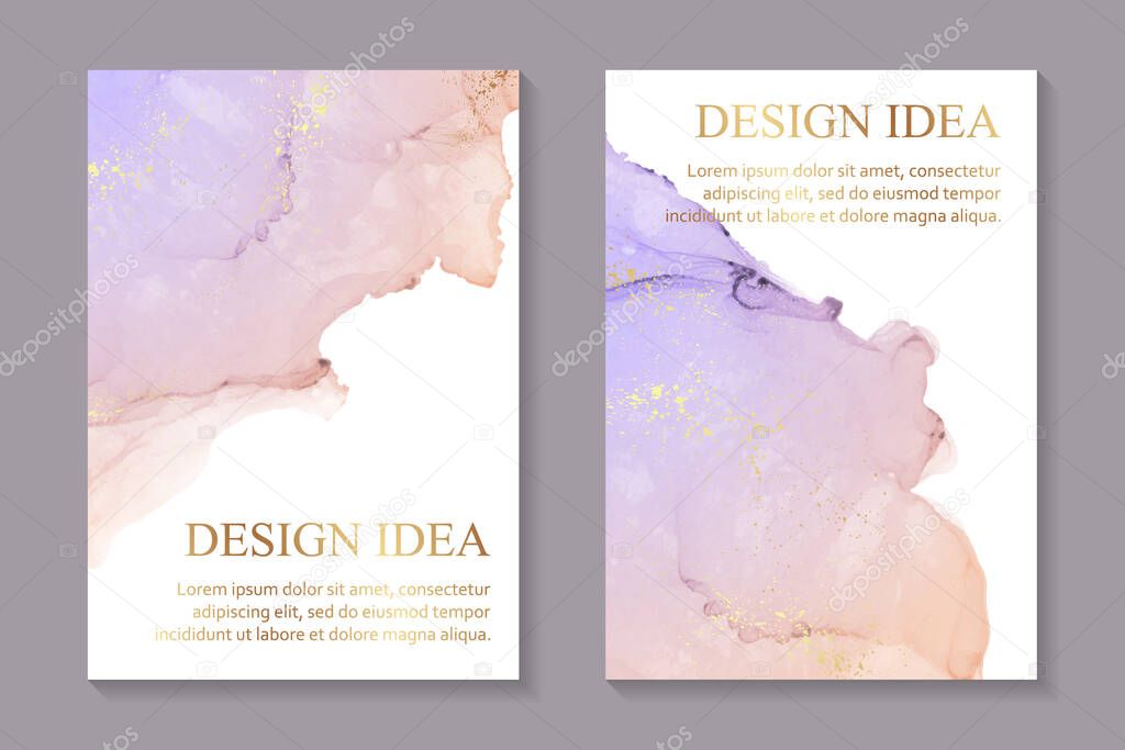 Modern abstract luxury wedding invitation design or card templates for birthday greeting or certificate or cover with purple watercolor waves or fluid art in alcohol ink style with gold on a white.
