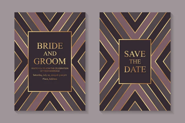 ビジネスやプレゼンテーションのための近代的な幾何学的な豪華な結婚式の招待状のデザインやカードテンプレートやパステルグレーの背景に黄金の線と濃いピンクのストライプと挨拶 — ストックベクタ