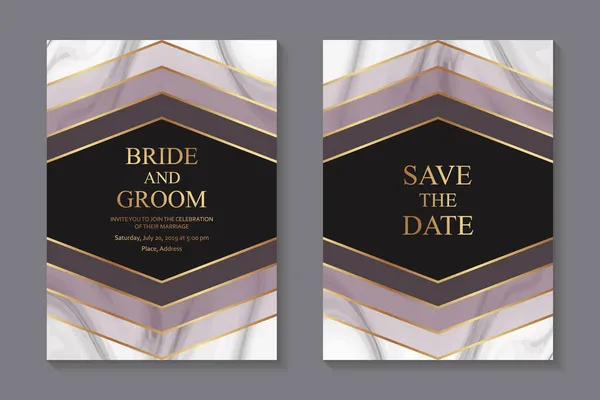 ビジネスやプレゼンテーションのための近代的な幾何学的な豪華な結婚式の招待状のデザインやカードテンプレートのセットや白とグレーの大理石の背景に金色の線と灰ピンクのストライプと挨拶 — ストックベクタ