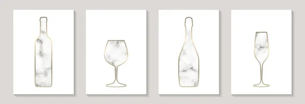 Conjunto Garrafas Vinho Luxo Copos Com Textura Mármore Branco Cinza — Vetor de Stock