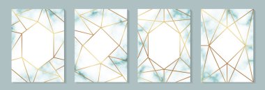 Doğum günü ya da düğün ya da sertifika için modern lüks kart şablonları ya da turkuaz mermer desenli beyaz arka planda altın çizgileri olan pankart..