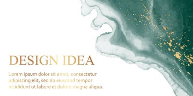 Modern suluboya arkaplan veya zarif kart tasarımı veya soyut yeşil mürekkep dalgaları ve altın lekeli başlık.