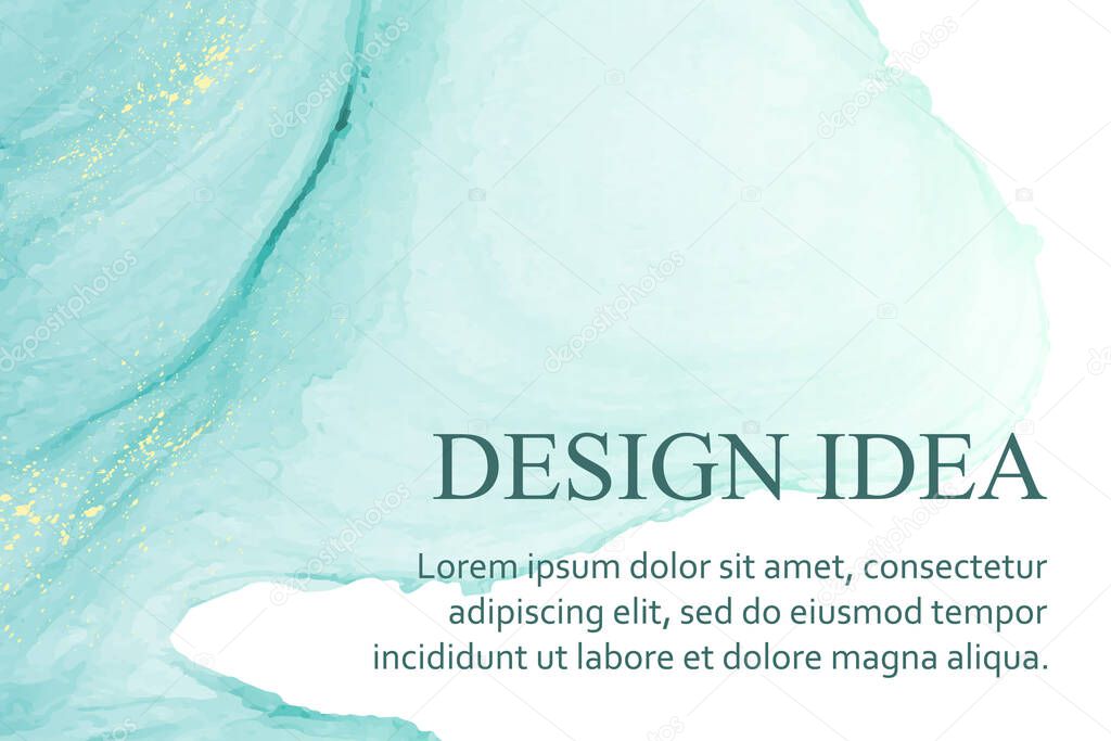 Modern watercolor background or elegant card design or wallpaper or poster with abstract turquoise ink waves and golden splashes.