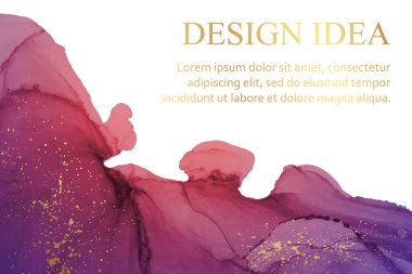 Modern suluboya arkaplan veya zarif kart tasarımı veya soyut pembe ve mor mürekkep dalgaları ve altın kaplamalı duvar kağıdı veya poster.