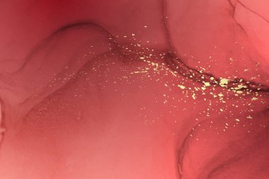 Modern suluboya arkaplan veya zarif kart tasarımı veya soyut kırmızı mürekkep dalgaları ve altın lekeli duvar kağıdı veya poster.