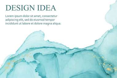 Modern suluboya arkaplan veya zarif kart tasarımı veya soyut deniz mavisi mürekkebi dalgaları ve altın kaplamalı duvar kağıdı veya poster.