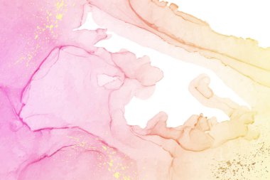 Modern suluboya arkaplan ya da zarif kart tasarımı ya da soyut pembe mürekkep dalgaları ve altın lekeli duvar kağıdı ya da poster.