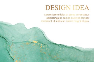 Modern suluboya arkaplan ya da zarif kart tasarımı veya soyut turkuaz yeşil mürekkep dalgaları ve altın kaplamalı duvar kağıdı ya da poster.