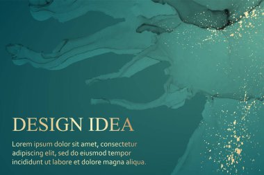 Modern suluboya arkaplan veya zarif kart tasarımı veya soyut yeşil mürekkep dalgaları ve altın lekeli duvar kağıdı veya poster.