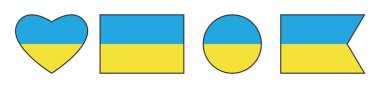 Ukrayna bayrakları. Sarı ve mavi kalp, dikdörtgen, daire ve kurdele..
