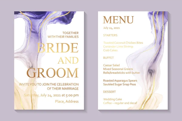 現代の水彩画の背景や誕生日の招待や結婚式や抽象的な紫と黄色のインク波と黄金のスプラッシュとメニューのエレガントなカードのデザイン — ストックベクタ