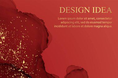 Modern suluboya arkaplan veya zarif kart tasarımı veya soyut kırmızı mürekkep dalgaları ve altın lekeli duvar kağıdı veya poster.