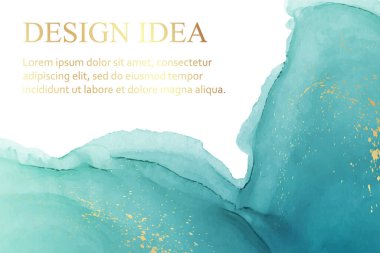 Modern suluboya arkaplan ya da zarif kart tasarımı ya da soyut turkuaz mürekkep dalgaları ve altın kaplamalı duvar kağıdı ya da poster.