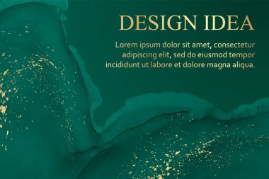 Modern suluboya arkaplan veya zarif kart tasarımı veya soyut yeşil mürekkep dalgaları ve altın lekeli duvar kağıdı veya poster.