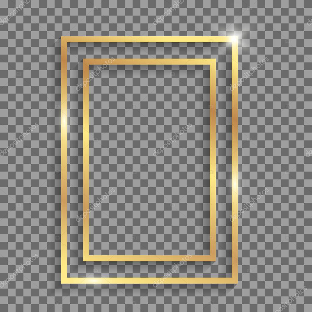 Golden double rectangle frame with shadows and highlights isolated on a transparent background.