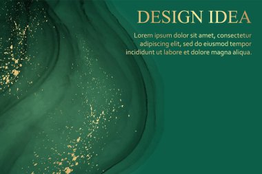 Modern suluboya arkaplan veya zarif kart tasarımı veya soyut yeşil mürekkep dalgaları ve altın lekeli duvar kağıdı veya poster.