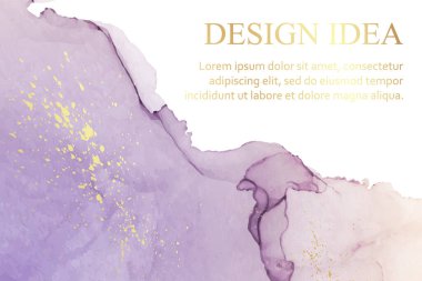 Modern suluboya arkaplan ya da zarif kart tasarımı ya da soyut mor mürekkep dalgaları ve altın lekeli duvar kağıdı ya da poster.
