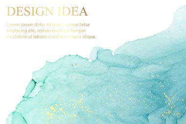 Modern suluboya arkaplan veya zarif kart tasarımı veya soyut deniz mavisi mürekkebi dalgaları ve altın kaplamalı duvar kağıdı veya poster.