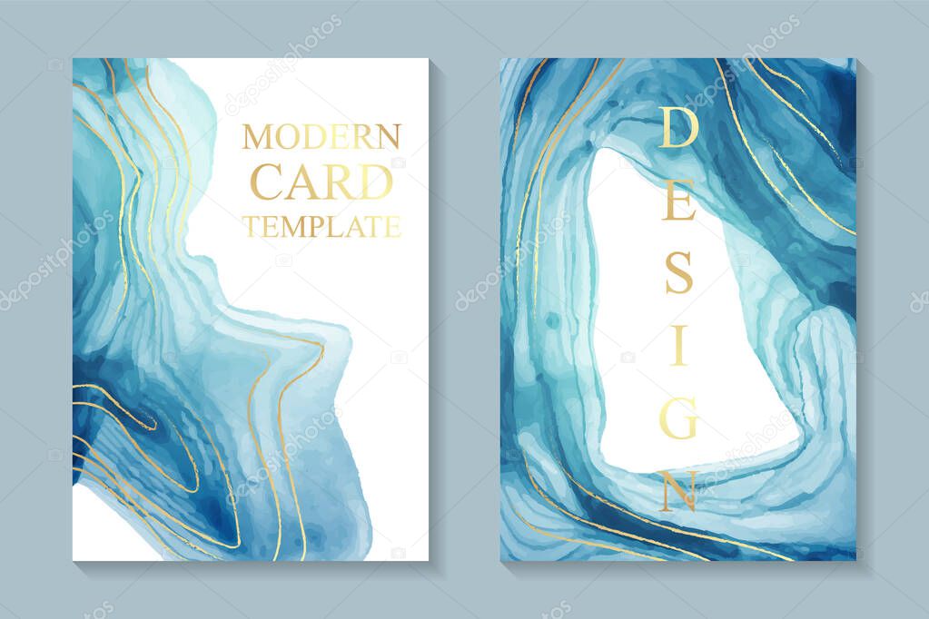 Modern watercolor background or elegant card design for birthday invite or wedding or menu with abstract blue ink waves and golden curves.