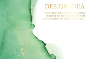 Modern suluboya arkaplan veya zarif kart tasarımı veya soyut yeşil mürekkep dalgaları ve altın lekeli duvar kağıdı veya poster.