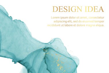 Modern suluboya arkaplan veya zarif kart tasarımı veya soyut turkuaz mürekkep dalgaları ve altın parıltılı duvar kağıdı veya poster.