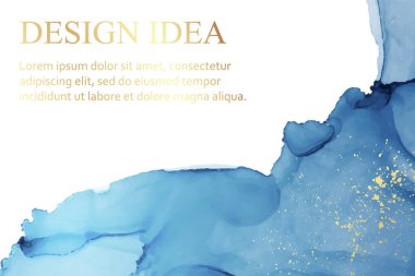 Modern suluboya arkaplan veya zarif kart tasarımı veya soyut mavi mürekkep dalgaları ve altın parıltılı duvar kağıdı veya poster.