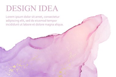 Modern suluboya arkaplan veya zarif kart tasarımı veya soyut mor ve pembe mürekkep dalgaları ve altın lekeli duvar kağıdı veya poster.