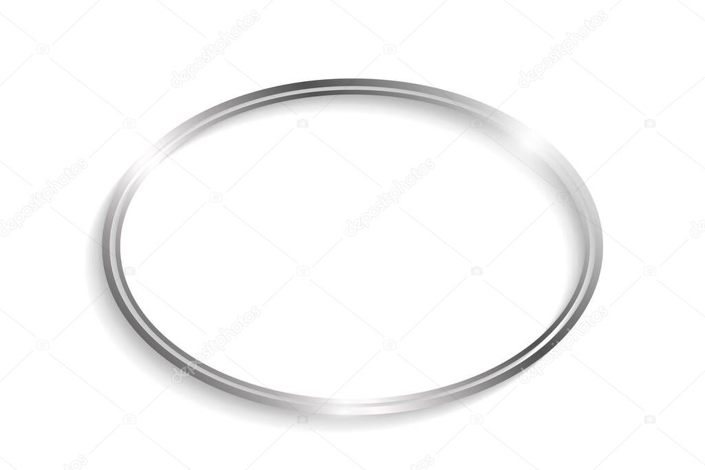 Silver double ellipse frame with shadows and highlights isolated on a white background.
