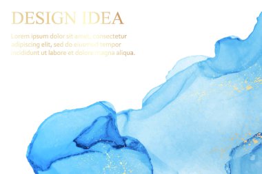 Modern suluboya arkaplan veya zarif kart tasarımı veya soyut mavi mürekkep dalgaları ve altın kaplamalı duvar kağıdı veya poster.