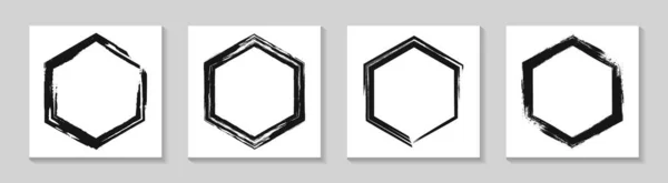 Set Black Grunge Hexagonal Frames Paint Strokes — Vector de stock
