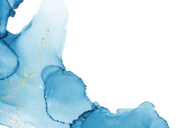 Modern suluboya arkaplan veya zarif kart tasarımı veya soyut mavi mürekkep dalgaları ve altın kaplamalı duvar kağıdı veya poster.