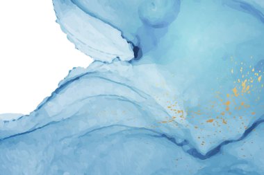 Modern suluboya arkaplan veya zarif kart tasarımı veya soyut mavi mürekkep dalgaları ve altın kaplamalı duvar kağıdı veya poster.