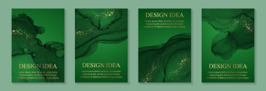 Soyut yeşil mürekkep dalgaları ve altın lekeli düğün veya menü için modern suluboya arkaplan veya zarif kart tasarımı.
