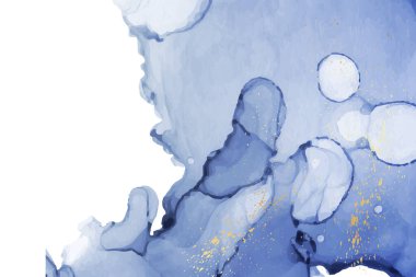 Modern suluboya arkaplan veya zarif kart tasarımı veya soyut mavi mürekkep dalgaları ve altın kaplamalı duvar kağıdı veya poster.