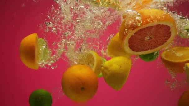Mélange d'agrumes exotiques tombant dans l'eau au ralenti - pamplemousse, citron, orange, citron vert, — Video