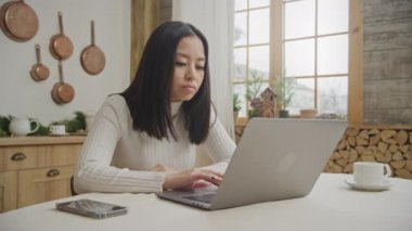 Genç Asyalı kadın bilgisayarından alışveriş yapıyor.