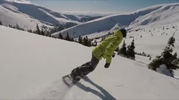 Riding powder snow on a snowboard in the sunny mountains — Stock Video