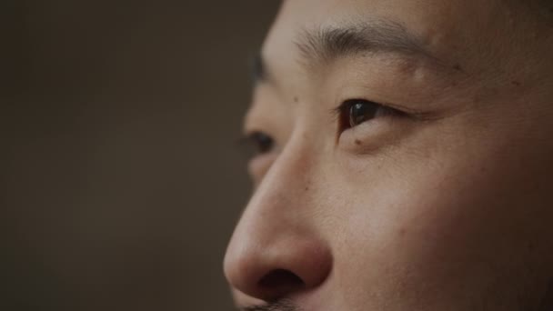 Vista lateral de un asiático mans ojos mirando y parpadeando — Vídeos de Stock