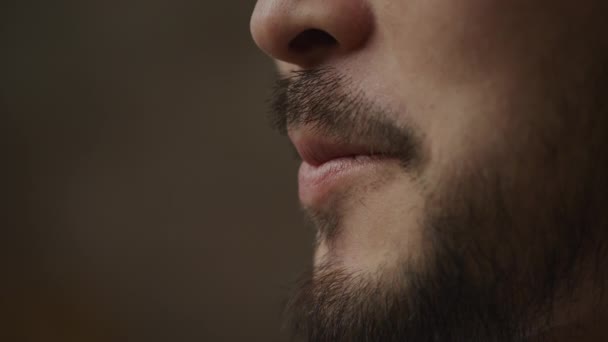 Екстремальний крупним планом азіатський чоловік рот розмовляє і посміхається в повільному русі в приміщенні — стокове відео