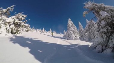 Kar taneleri yavaş çekimde döner, karlı dağlarda mavi kuş gününün tamamını kaplayan karla birlikte.