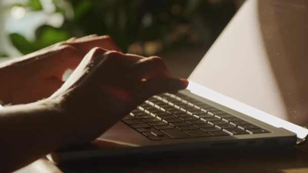 Extremo primer plano de una mujer caucásica manos codificación en su ordenador portátil en el rayo de sol puesta del sol — Vídeo de stock