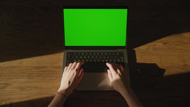 Kobiece dłonie spoczywające na laptopie klawiatura komputera z chroma key zielony ekran w świetle słonecznym — Wideo stockowe