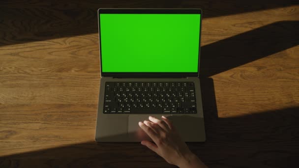 Kvinna hand in i ramen och ligger på en bärbar dator pekplatta med grön skärm kroma nyckel — Stockvideo
