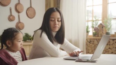 Anne, kızına evde dizüstü bilgisayarla ders veriyor.