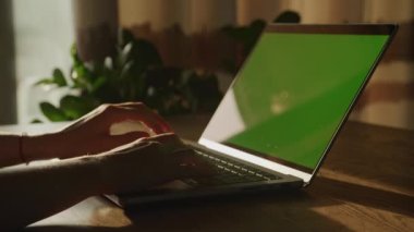 Kafkas bir kadının ellerini yakın çekim ile yeşil ekran krom anahtarı ile dizüstü bilgisayarda dinlendirip daktilo ederken.