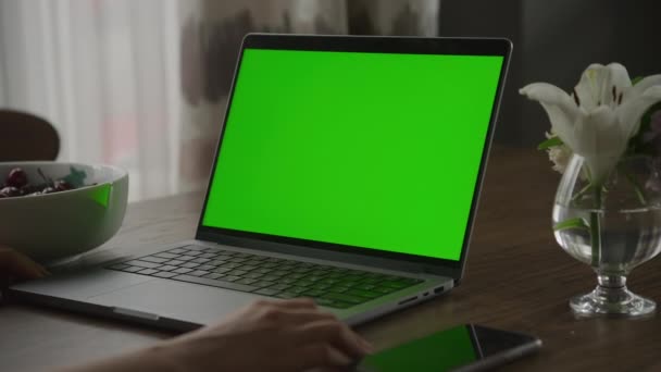 Handhållen Skott Vrida Runt Bärbar Dator Med Chroma Key Grön — Stockvideo